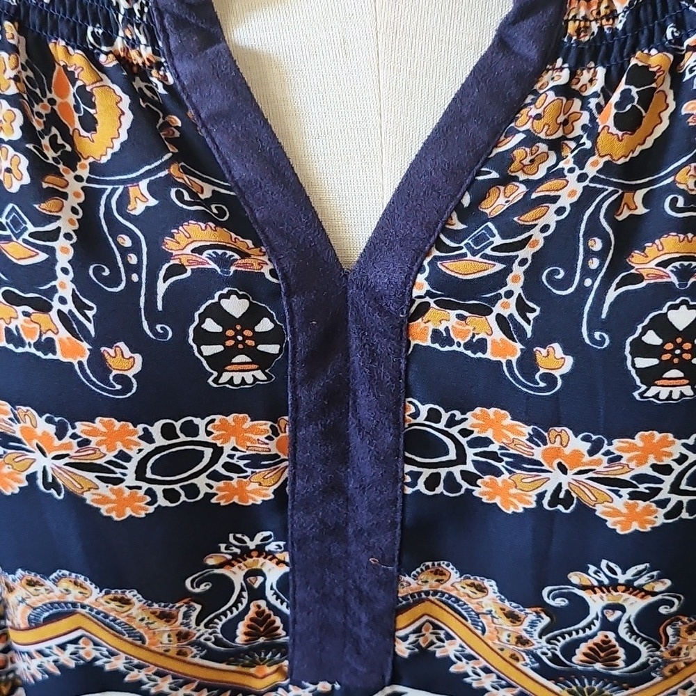 Valerie Stevens Navy, Orange, and Gold Patterned Popover Blouse - Picture 5 of 14